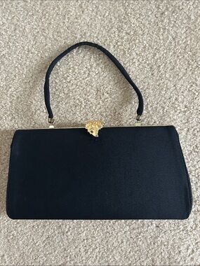 Vintage Black Fabric Evening Clutch with Gold Accent